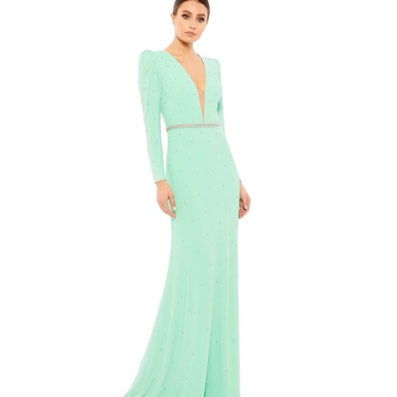MAC DUGGAL Size 2 Mint BELTED JEWEL ENCRUSTED PLUNGE NECK LONG SLEEVE GOWN New - Picture 1 of 11